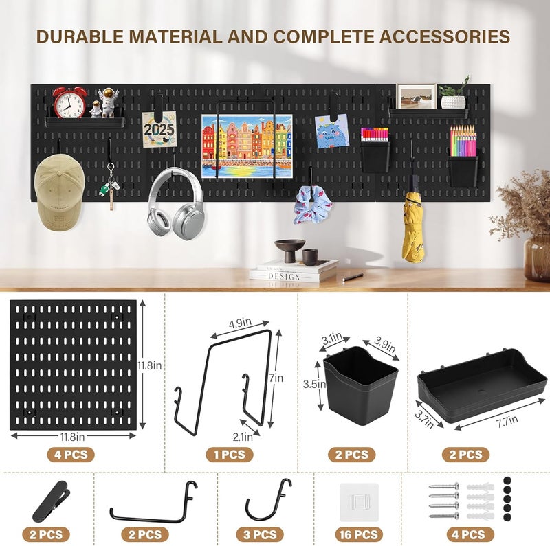 AKTOP Peg Board Wall Organizer 4-Pack – 12"x12" Black Pegboard Combination Kit with 13 Accessories for Wall, Plastic Peg Board Panels for Home, Office, Garage Tool Storage & Craft Room - Image 3